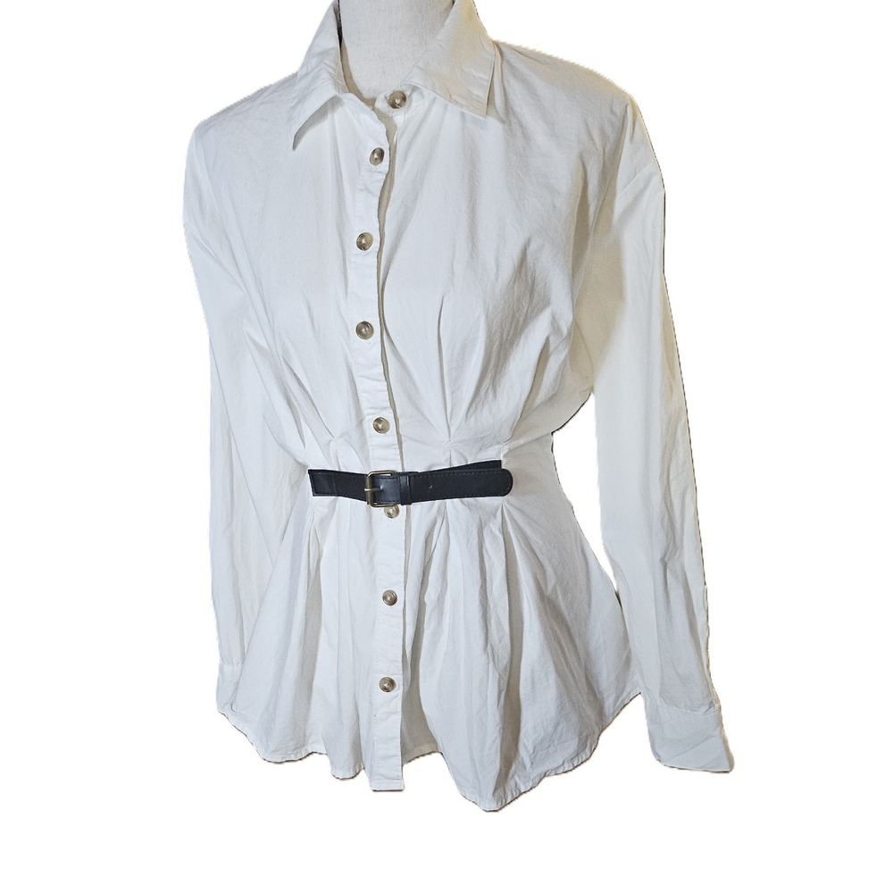 Anthropologie White Button Up Belted Blouse Womens 2 Classic Tailored 1-01384